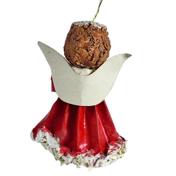 Paper Mâché Vintage Red Angel with Symbols 4” Christmas Tree Ornament - Picture 5 of 7